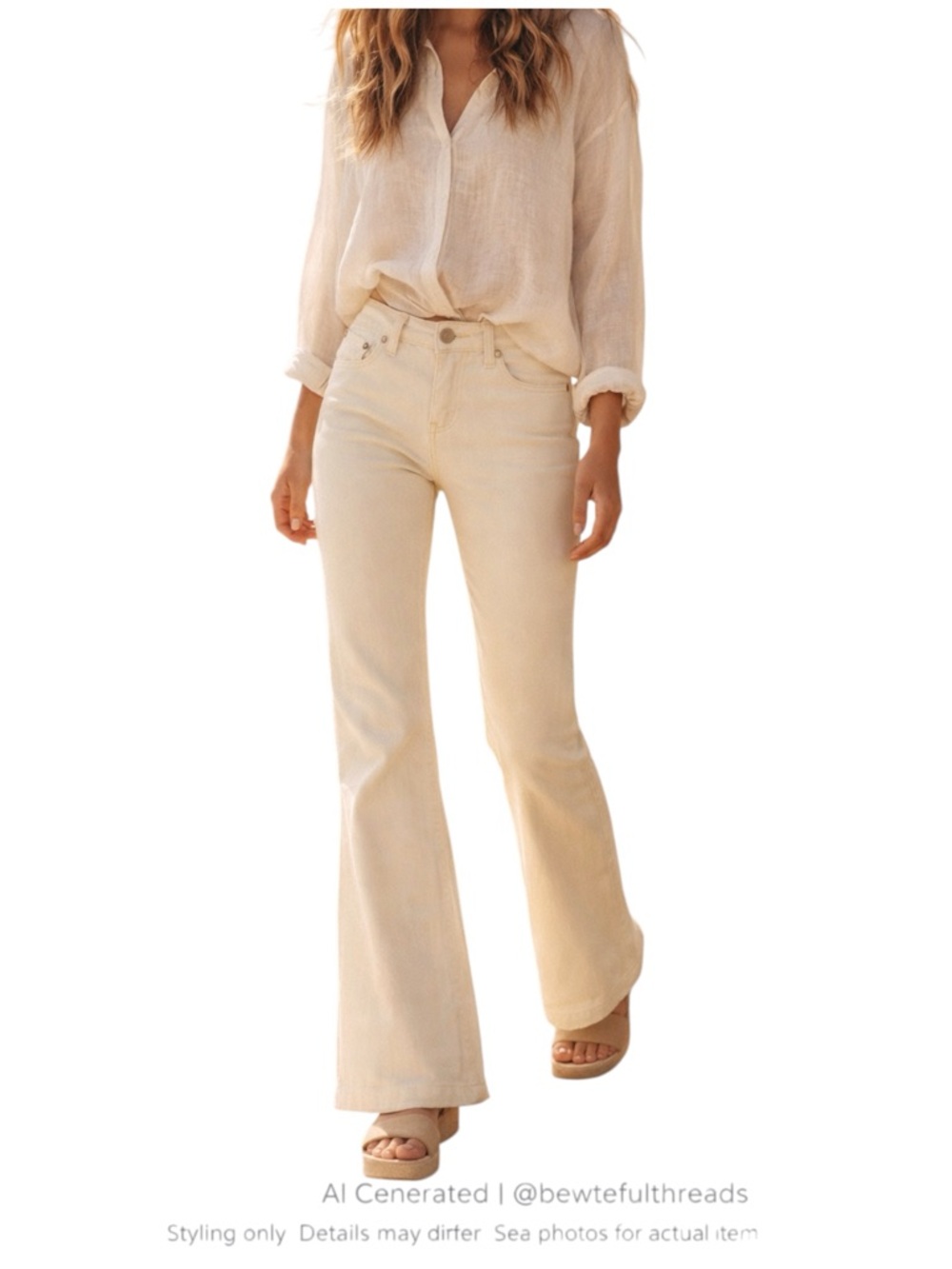 Cream Flare Jeans Boho Wide Leg Embroidered Coastal 16